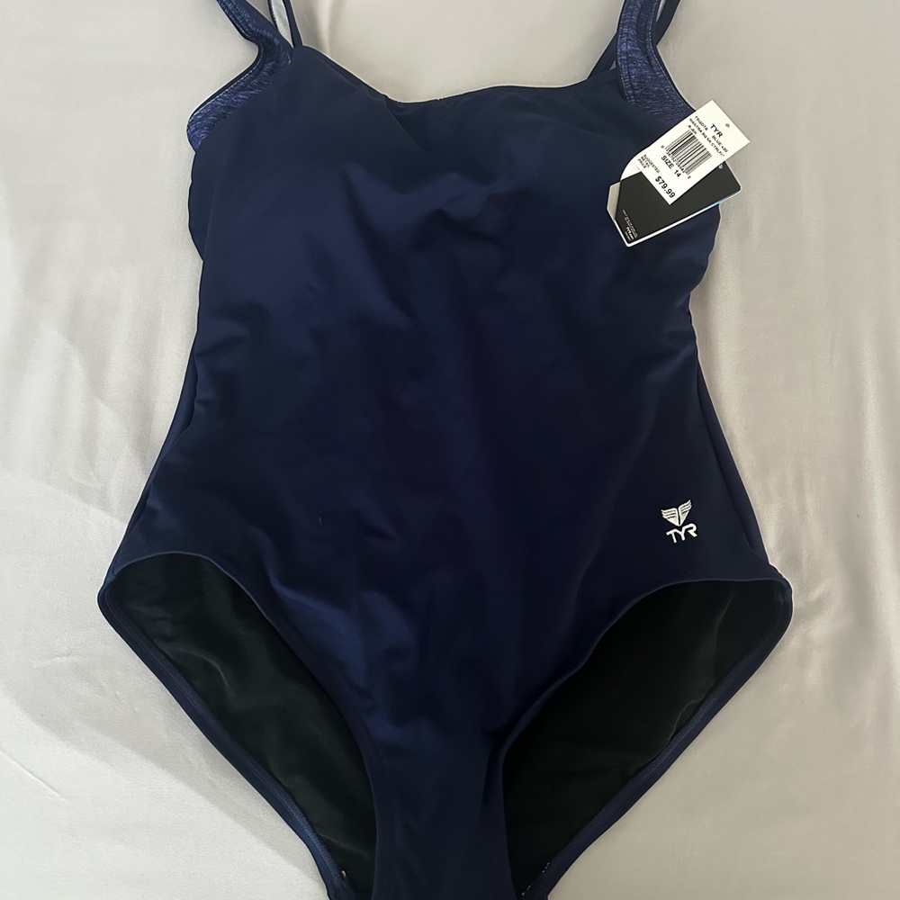 TYR Dark Blue Matra Square Neck Control Fit Swimsuit sz 14